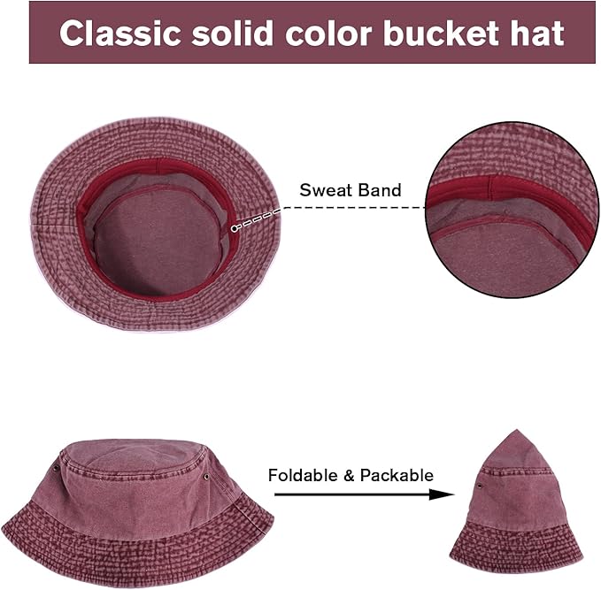 Washed Cotton Bucket Hats Packable Summer Outdoor Cap Travel Beach Sun Hat Plain Colors for Men Women