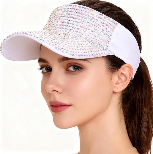 Bling Shiny Rhinestone Sports Sun Visor Hat for Women Summer Adjustable Breathable Beach Visor Caps Running Golf Sun Hat