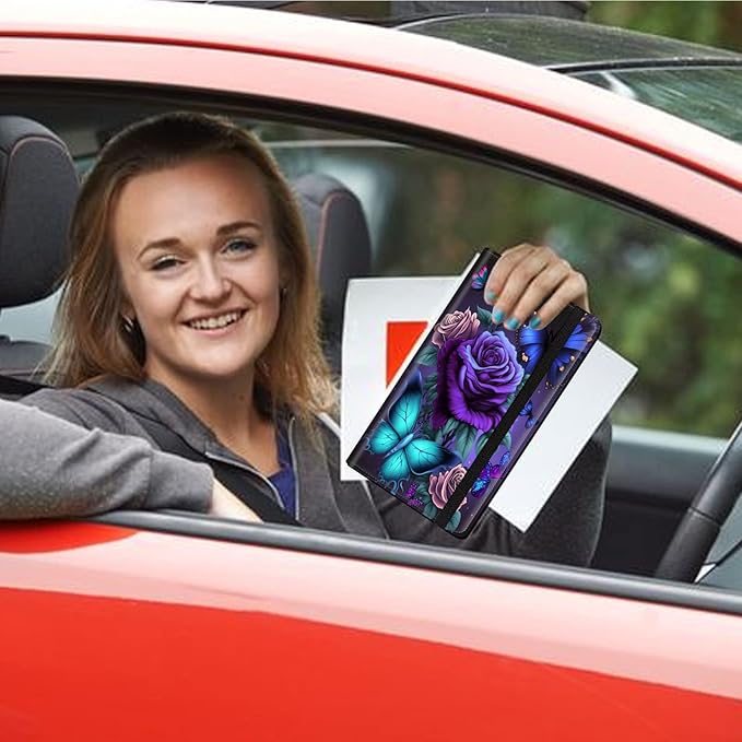 Car Registration and Insurance Holder, Leather Car Glove Box Organizer, Cool Car Accessories for ID, Driver's License Cards & Essential Document, business cards, Men&Women,Blue Pink Roses Butterfly
