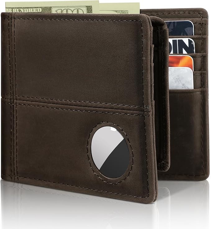 Mens Wallet With AirTag Holder, Bifold Leather RFID Blocking 1-2 ID Windows 12-13 Card Holders, Gift Box and Screen Protector Included, AirTag Not Included