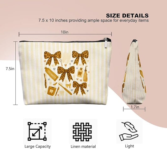 Cheetah Smile Dental Care Makeup Bag, Cute Tooth & Bow Cosmetic Pouch for Dental Assistant Hygienist Dentist Gift for Women
