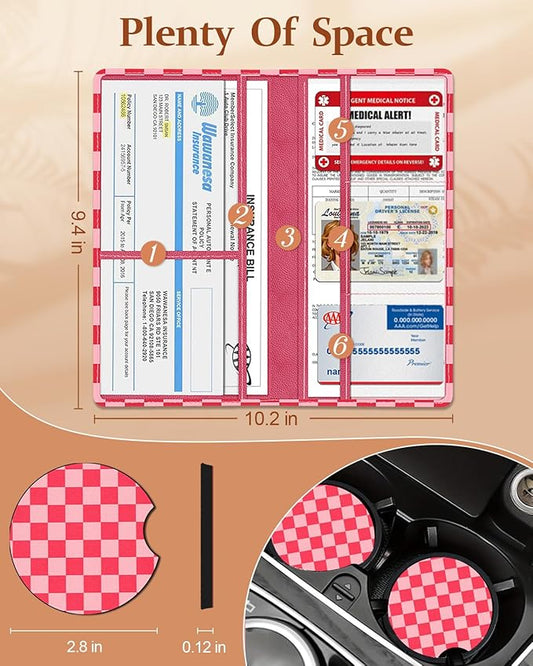 Slohif Car Registration and Insurance Card Holder with Magnetic Shut - Vehicle Glove Box Organizer Women Leather Automobile License Holders Coasters Auto Accessories Case for Document,grid
