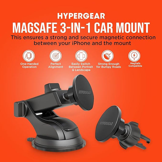 HyperGear MagSafe Car Mount - Magnetic Phone Holders for your Car Phone Holder Mount, Hands Free Mobile 3 Mounting Options (Windshield+Vent+Dash), Adapter included Cellphone Holder for iPhone, Android