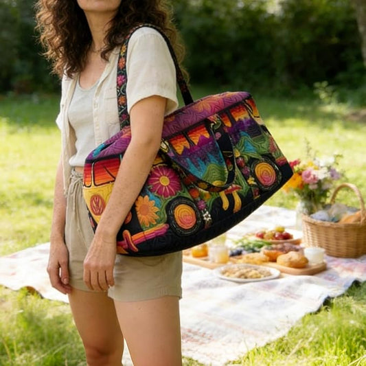 Hippie Journey Quilted Duffel Bag Hippie Van Travel Duffel Bag Vintage Floral Weekender Overnight Bags Women Gym Bags
