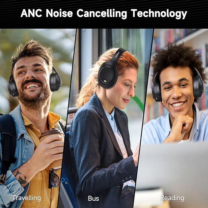 IFECCO Active Noise Cancelling Headphones Bluetooth 5.4,ANC Wireless Headphones Over Ear with Microphone,100H Play Time,HiFi Stereo Bluetooth Headset with Cushioned Pads for Travel,Home,Office