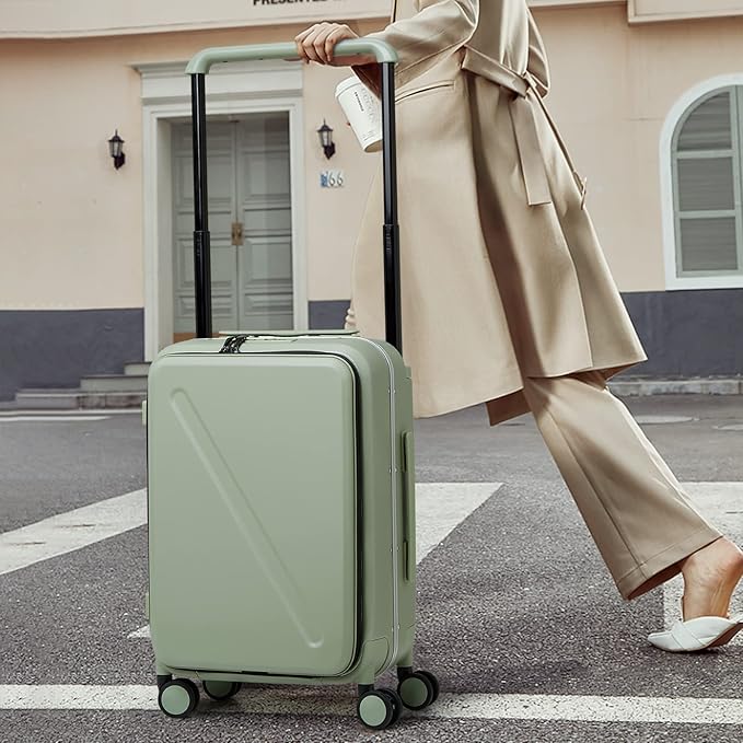 MILADA Wide Handle Luggage with Front Pocket Hardshell Aluminium Check In Suitcase with Wheels Medium 24 Inch Front Opening Checked Luggage with Spinner Wheels TSA Approved Luggage, Bamboo Green