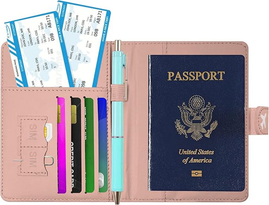 Passport Holder, Travel Wallet Cover with Pen Loop | Cute RFID Blocking Leather Case with Magnetic Closure for Travel Essentials-Pink