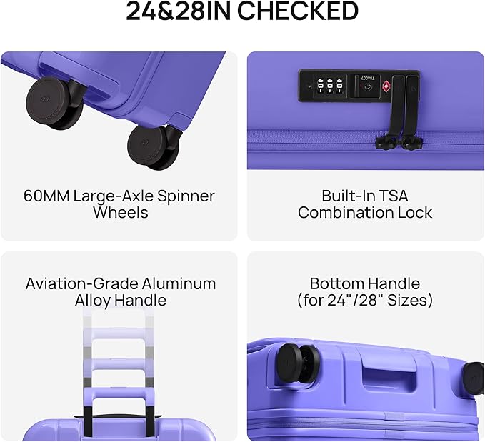 NINETYGO Medium Checked Luggage 24 Inch, Top Opening Luggage Checking In Luggage, Expandable, PC Hard Shell, Larger Capacity Checked, TSA Lock, 360° Spinner Wheels (Purple, Hobo Pro)