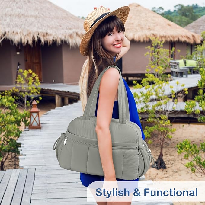 TOPDesign Travel Duffel Bag for Women, Puffer Gym Bag Sports Tote with Wet Pocket, Carry On Weekender with Luggage Sleeve (Grey)