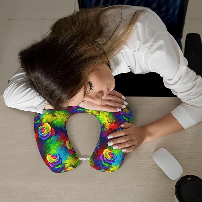 Comfortable Travel Pillow for Pain Relief Sleeping, Memory Foam Airplane Car Neck Pain Pillows Trippy Tie Dye Rose Colorful, Funny Chin Head Support Cushion