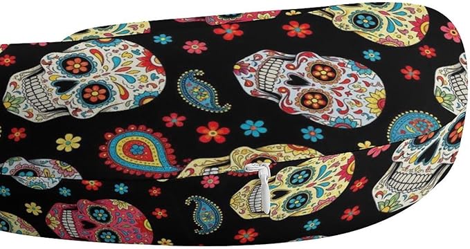 Cute Decorative Travel Neck Pillow Memory Foam Chin Cushion Vintage Paisley Sugar Skull, Washable Cover for Women Airplane Car Home Sleeping Rest