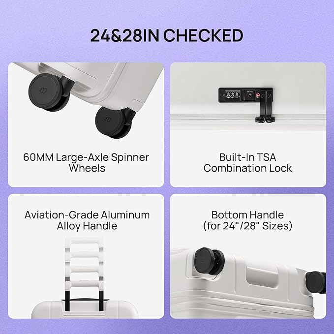NINETYGO Medium Checked Luggage 24 Inch, Top Opening Luggage Checking In Luggage, Expandable, PC Hard Shell, Larger Capacity Checked, TSA Lock, 360° Spinner Wheels (White, Hobo Pro)