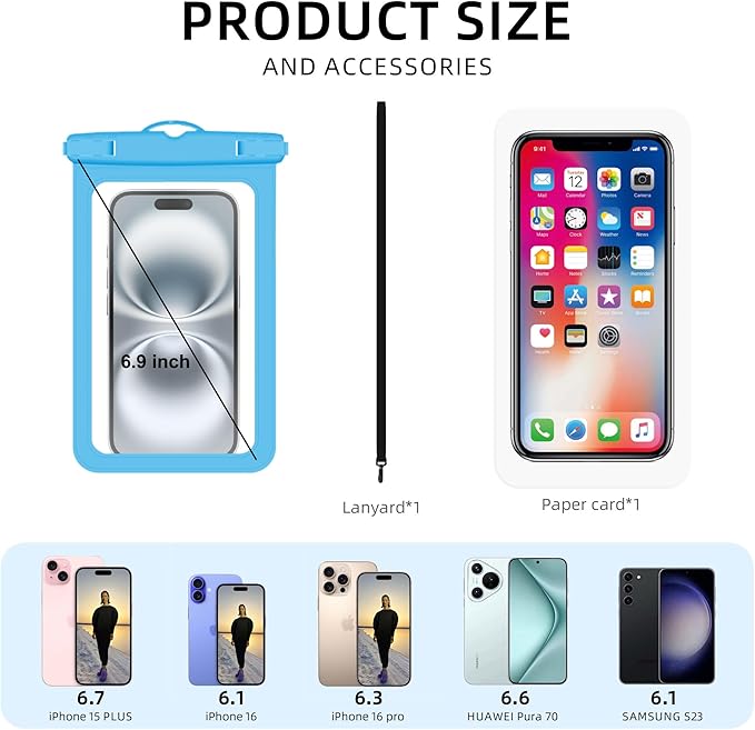 [Up to 6.9" 2 Pack Waterproof Phone Pouch Case,Waterproof Phone Bag for iPhone 17 16 15 14 13 Pro Max Plus Galaxy S25 S24 Ultar Plus+,IPX8 Cellphone Dry Bag Beach Travel Essentials-Blue