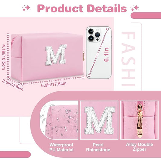 ChaoGreat Bride Gifts โ Personalized Initial Makeup Bag with Pearl Rhinestone Patch, Preppy Pink Monogram Cosmetic/Toiletry Pouch, bridesmaid Gifts, Bridal Shower Gifts, Wedding Gifts, Bridal Gifts,M