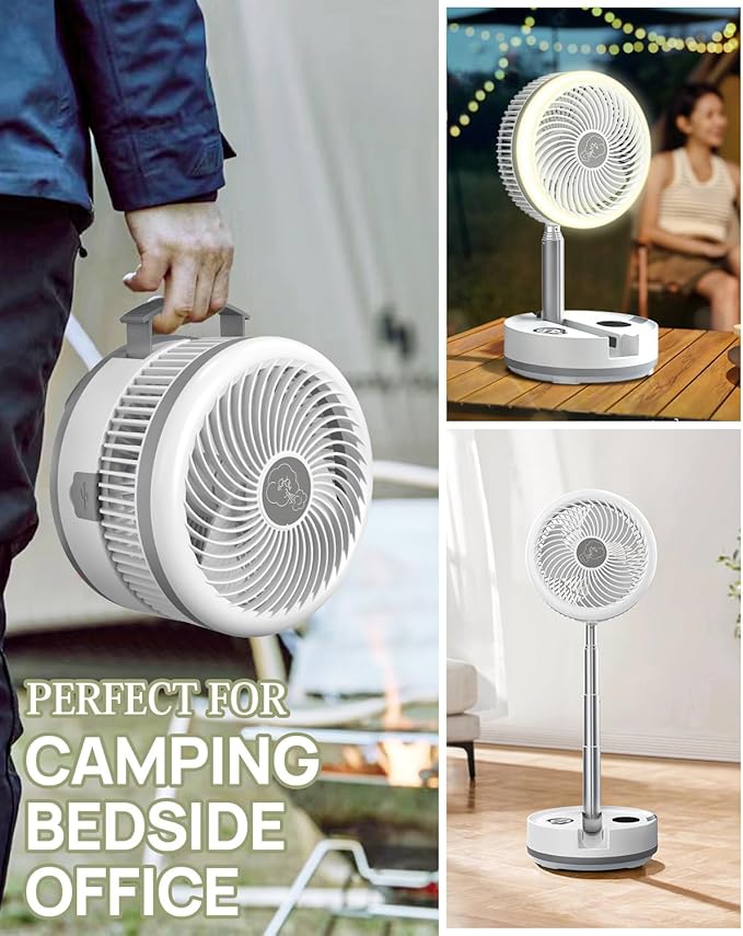 10 inch Portable Fan-Battery Operated Fan, Oscillating Rechargeable Fan with 40000mAh, Remote Control LED Lights, 114HR Run Time, Outdoor Portable Foldable Fan for Camping&travel (White)