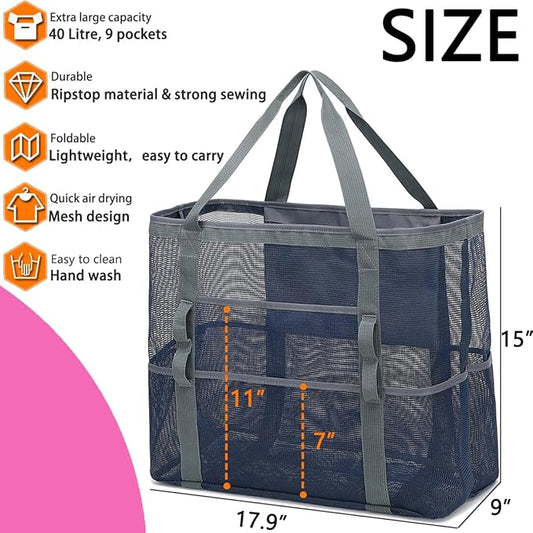 Mesh Beach Bag, Large Beach Tote with Zipper Pocket for Family Pool Bag for Toys & Vacation Essentials