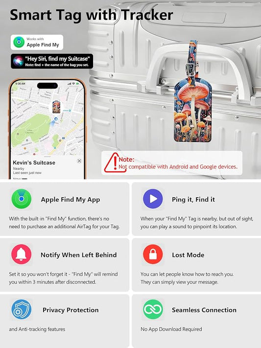 Luggage Tags Built-in Anti-Loss Tracker, Luxury Leather Luggage Tags for Suitcase, Travel Bags, Backpacks, Travel Organizer for Lost Baggage Prevention (Mushroom)