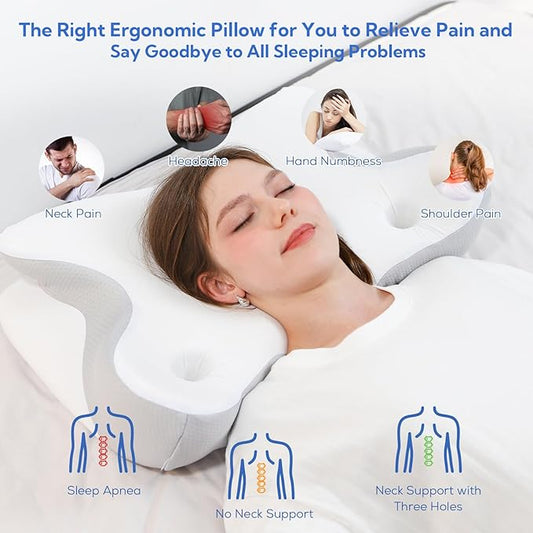 Cervical Pillow for Neck Pain Relief - Ergonomic Memory Foam Pillow, Cooling Sleeping Side Sleeper Pillow for Neck, Breathable Pillowcase Three-Hole Neck Support Contour for Side Back Stomach Sleeper