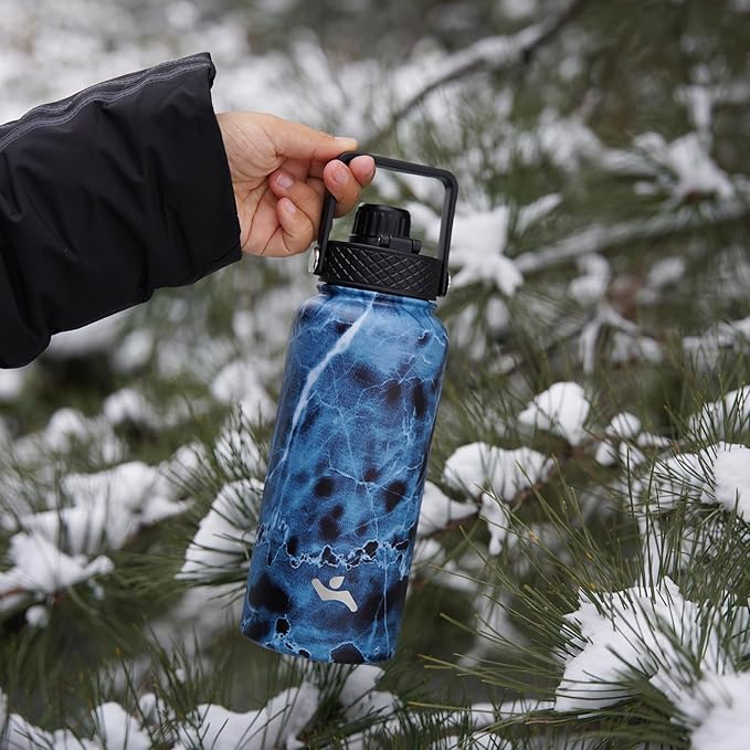 Insulated Water Bottle 24oz Stainless Steel Sport Bottles with 3 Lids,Marble Ocean