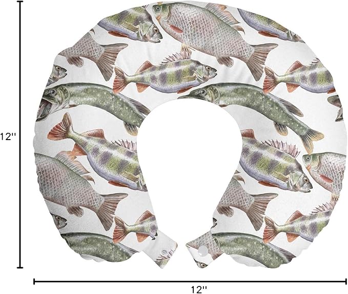 Ambesonne Fishes Travel Pillow Neck Rest, Watercolor Common Carp Perch and Bass Freshwater Animals Themed Seafood Drawing, Memory Foam Traveling Accessory for Airplane and Car, 12", Grey Green