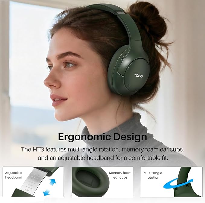 TOZO HT3 Hybrid Noise Cancelling Headphones, 90H Playtime Wireless Over Ear Bluetooth Headset, Spatial Audio AI Chat with 5 Mics, Supports Dual Connection and USB-C Input, with 32 EQ Music Modes