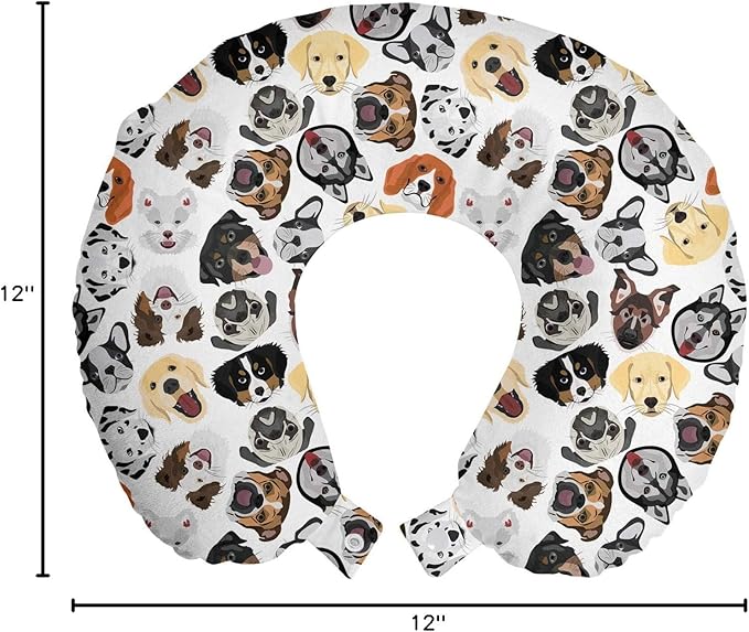 Ambesonne Dog Lover Travel Pillow Neck Rest, Illustrations of Types of Animal Pet Faces Patterns Creative Tongue Out Big Ears, Memory Foam Traveling Accessory for Airplane and Car, 12", Brown White