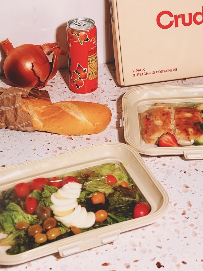 Crudités | Portable Snack Tray | Rectangle 4-Pack | Cream White | Reversible Stretch Lid Food Containers | BPA-Free, Freezer & Dishwasher Safe | Meal-Prep, Charcuterie, Salads, Picnic, Travel