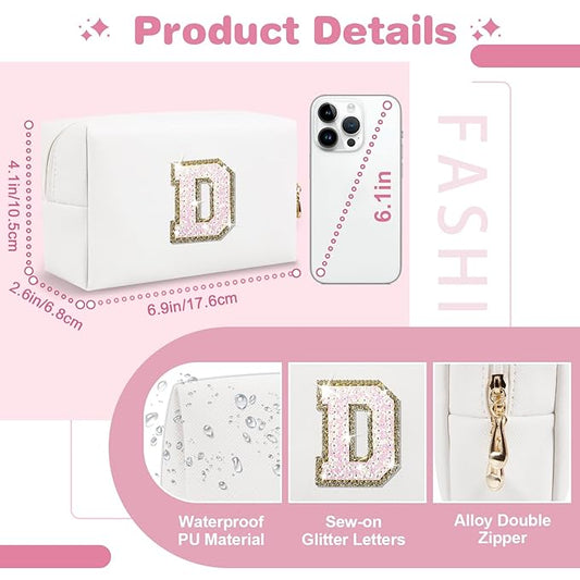 Small Initial Patch Makeup Bag Personalized Gifts Make Up Bag,White Cute PU Leather Glitter Letter Cosmetic Bag with Zipper,Trendy Portable Travel Toiletry Pouch,Preppy Stuff for Teen Girls Women D