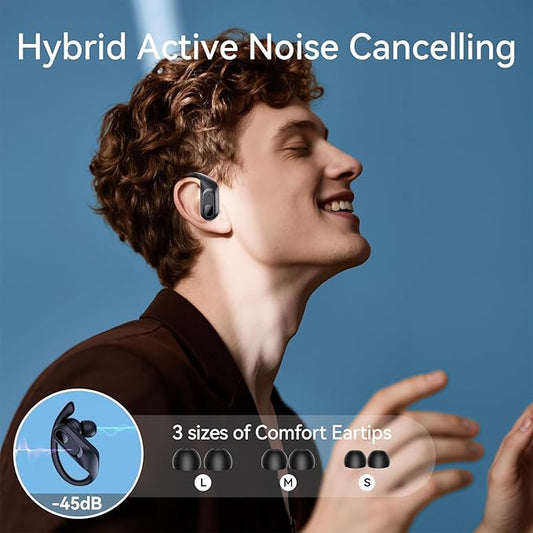 occiam Active Noise Cancelling Wireless Earbuds Bluetooth Headphones Ear Buds 96Hrs Playback Clear Call Waterproof Earphones with Ear Hook Microphones for Sport Running (Black Standard)