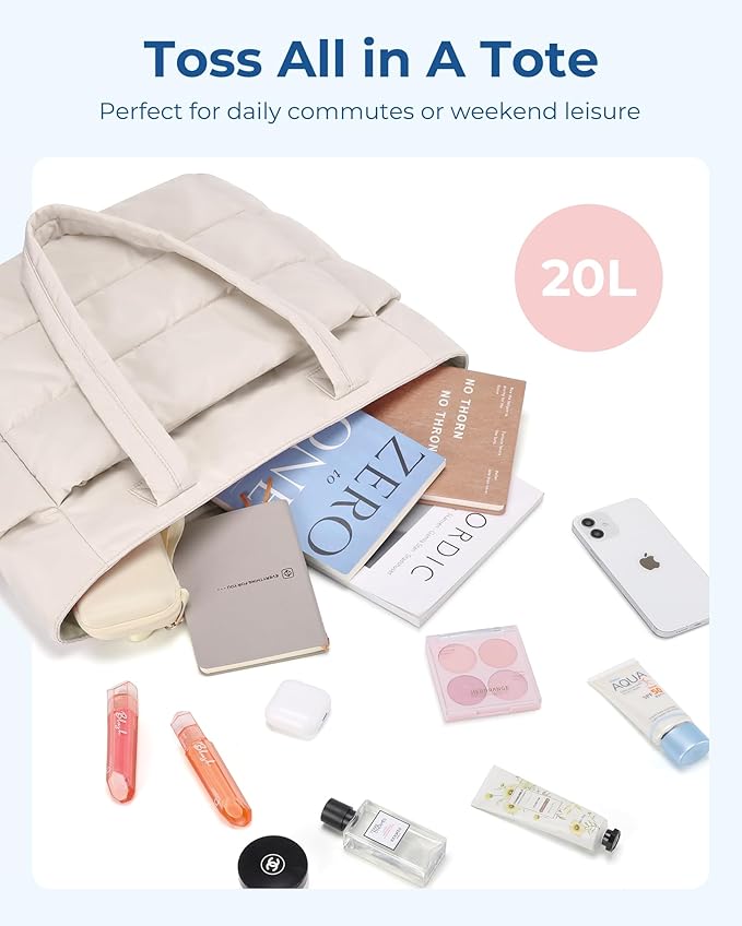 BAGSMART Tote Bag for Women, Lightweight Puffy Tote Bag with Compartments Shoulder Bag Handbag for Travel, Work, Gym