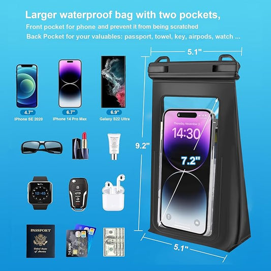 Large Waterproof Phone Pouch Floating, Universal Waterproof Phone Case for iPhone 15 Pro Max 14 Plus 13 12 11 Samsung up to 7.2'', IPX8 Water Proof Cellphone Dry Bag for Beach Pool Swimming Black