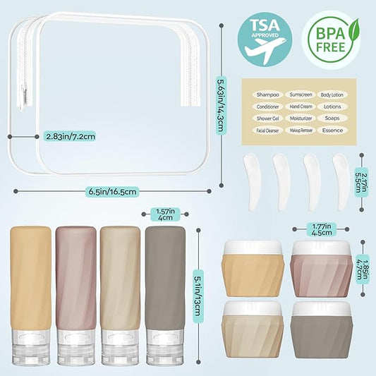 14pack Travel Bottles for Toiletries, TSA Approved Travel Size Toiletries Containers Set, Premium Silicone Leak Proof Refillable Squeezable & Creams jars Accessories Kit W/Clear Bag (Apricot)