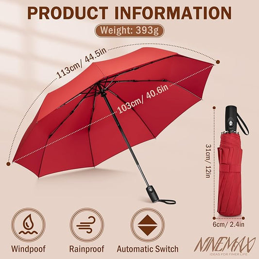 NINEMAX Travel Folding Umbrella Windproof for Men Women, Portable Compact Umbrellas Automatic Open and Close for Rain