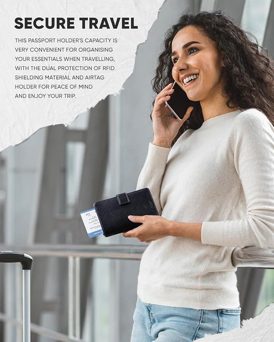 VULKIT Passport Holder with Airtag Holder RFID Blocking Passport Wallet Travel Leather Passport for Women(Black Navy)