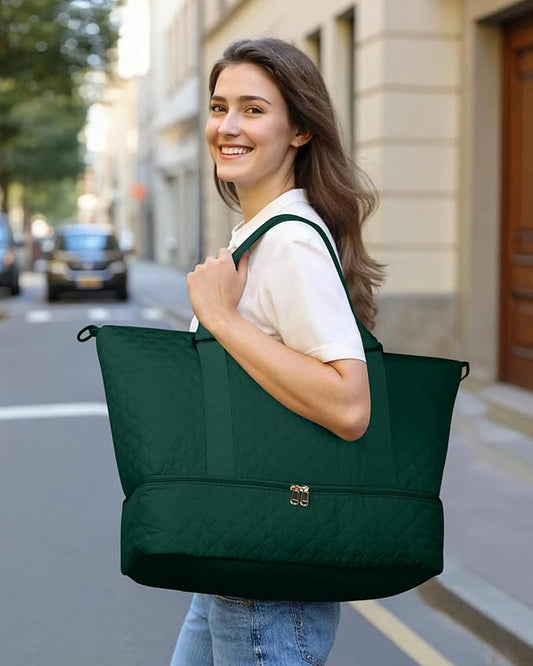 HOTOR Travel Duffel Bag - Weekender Bags for Women, Carry On Overnight Bag with Shoe Compartment, with Toiletry Bag for Travel Essentials and Travel Accessories, Dark Green, 15.8"×18.1"×8.7"