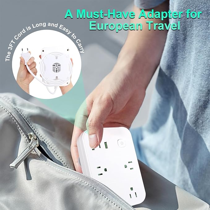 European Travel Plug Adapter, European Power Strip with 4 AC Outlets 1 USB C and 2 USB Ports, Europe to US Plug Adapter Type C for EU Germany France Spain Italy Travel (3ft)