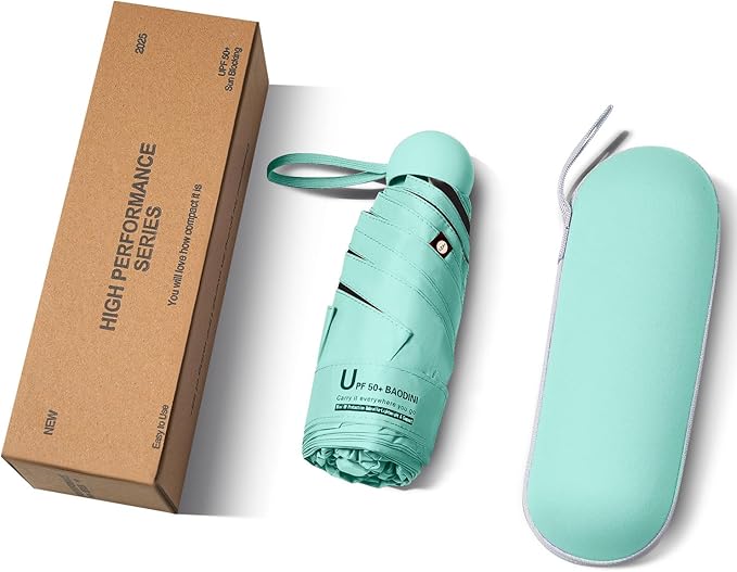 BAODINI Travel Essentials Mini Umbrella for Purse With Case Small Compact UV Sun Protection Lightweight Tiny Pocket Manual Open Close Umbrella for Women Kids and Men Fit Purse Backpack