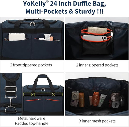 24 inch Large Gym Bag for Men - 65L Hard Bottom Duffle Bag with Shoes Compartment for Sport/Travel - Navy Blue