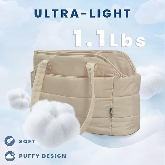 STRAODTIC Lightweight Dog Purse Carrier for Small Dogs Under 15 lbs, Puffy Quilted Pet Carrier Tote for Puppies with Safety Leash Clip, Women's Hands-Free Dog Carrier Bag for Travel/Shopping (Brown)