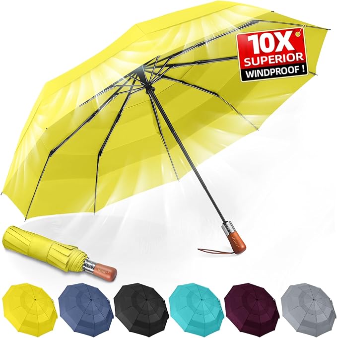 Umbrellas for Rain, 47" Large Windproof Travel Umbrella, Triple-Layer Vented Canopy, 10 Fiberglass Ribs, Auto Open Close Compact Umbrella, Wooden Handle, Heavy Duty for Commute, Gifts for Men & Women