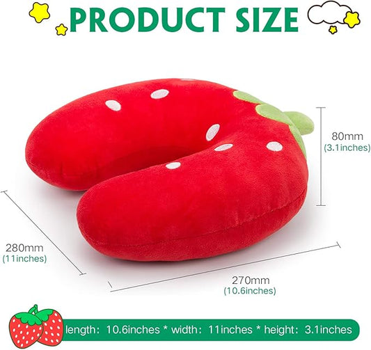 H HOMEWINS Travel Pillow for Kids,Cute Animal Toddler Neck Pillow for Boys Girls,Soft Neck Head Chin Support Pillow,Travel Accessories for Airplane, Car, Train,Recline(Strawberry)