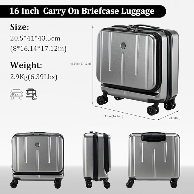 16 Inch Carry On Luggage with 2 Compartments for 14” & 15” Laptop, 16.14*8*17.12” Rolling Briefcase, Lightweight Hardshell ABS+PC Suitcase with Spinner Silent Wheels, for Business Trip, Dark Gray