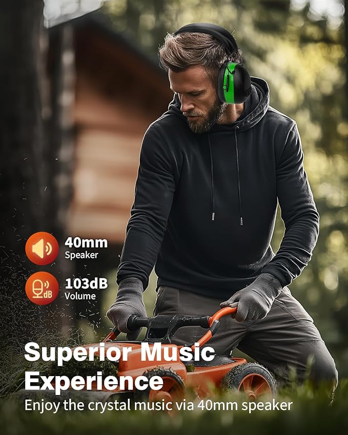 Bluetooth 5.4 Hearing Protection Headphones with 120H Working Time, 30dB SNR, Superior Stereo Sound Quality, Larger Buttons for Easy Operation, Safety Ear Muffs for Lawn Mowing, Workshops