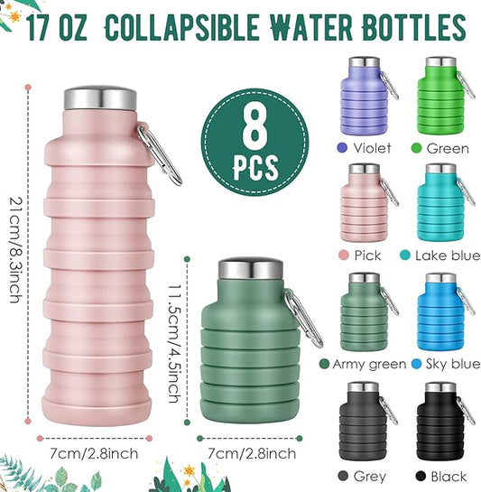 Lallisa 8 Pcs Collapsible Water Bottles Bulk Reusable Silicone Foldable Water Bottles 17 oz Portable Lightweight Sports Bottle with Carabiner for Gym Hiking Camping Travel(Fresh Colors)