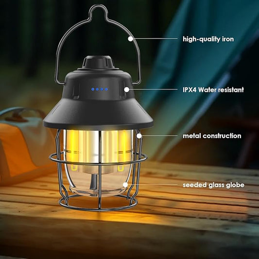 JINIU Rechargeable LED Camping Lantern, Mini Retro Portable Waterproof Lantern, 1000LM, 3 Light Modes (2700-6500K) Stepless Dimming Brightness, Hanging Tent Light for Camping, Power Outages