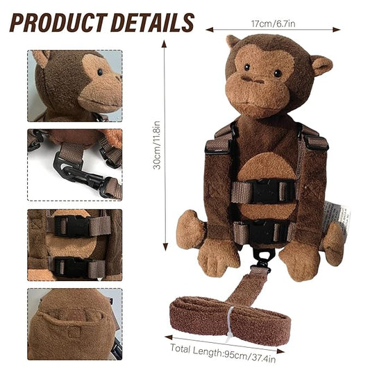 Monkey 2-in-1 Toddler Safety Harness Backpack with Leash - Adjustable Anti-Lost Walking Strap for Ages 3+, Child Safety Harness with Cute Backpack for Boys Girls, Indoor Outdoor Travel (Brown)