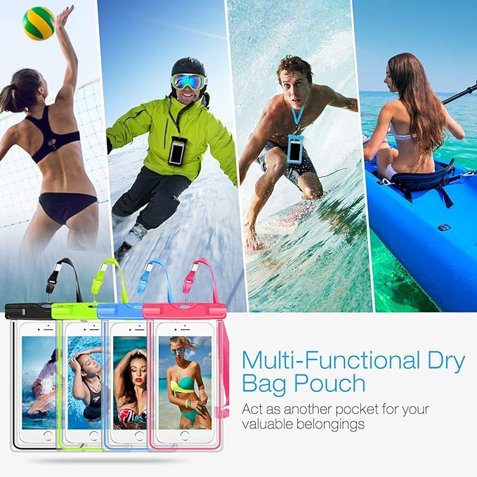 GLBSUNION Waterproof Phone Case, 4 Pack Universal Waterproof Pouch Dry Bag with Neck Strap Luminous Ornament for Water Games for iPhone 16 15 14 13 12 Pro MAX Plus Galaxy S24 S23 Edge Note up to 7.5"