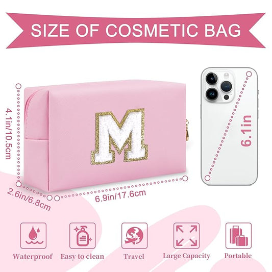 Personalized Initial A-Z Preppy Patch Makeup Bag,Small PU Chenille Letter Cosmetic Bag with Zipper for Teen Girls,Pink Cute Toiletry Organizer Bag,Monogram Makeup Case Gift for Women Girls,Letter M