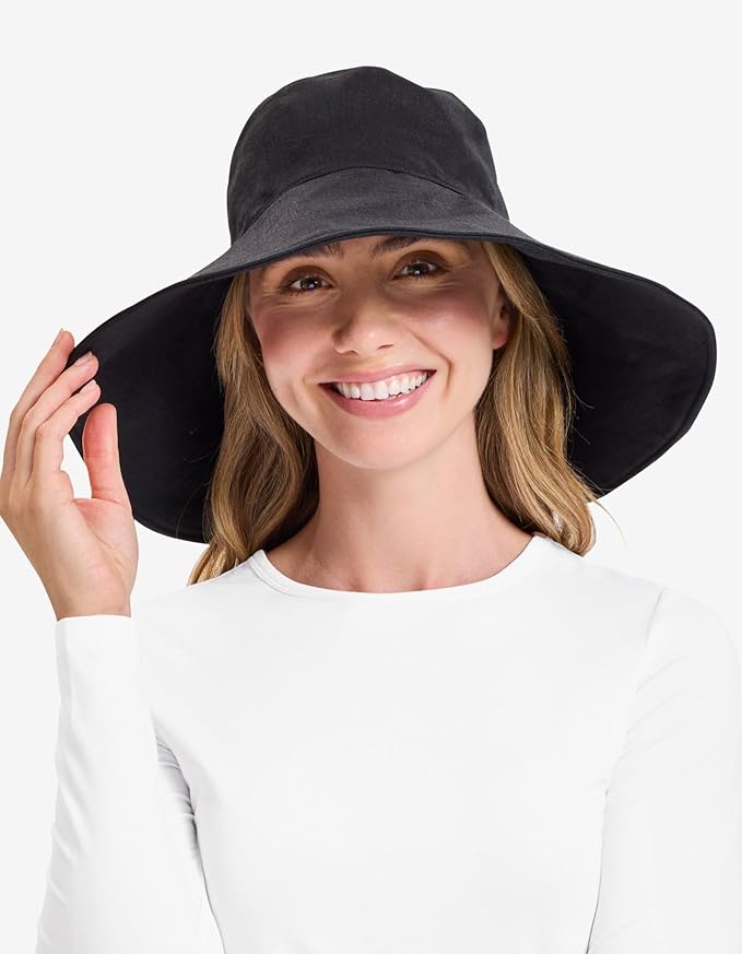 Solbari Women’s Ultra-Wide Cotton Linen Sun Hat UPF 50+, Packable, Adjustable with Ponytail Hole for Travel, Beach & Outdoors
