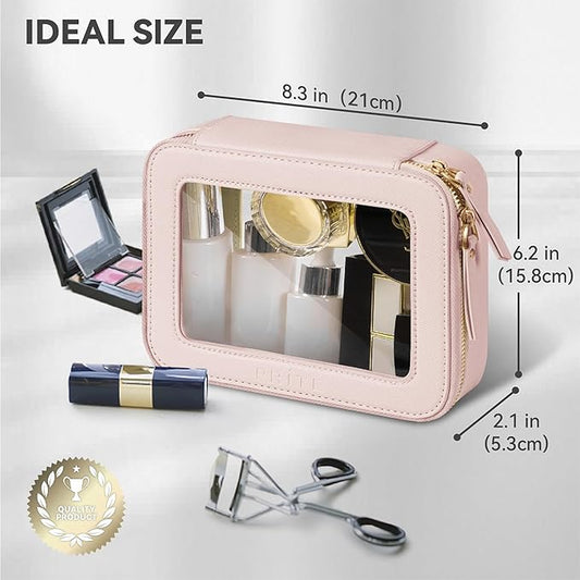 Prite Clear Makeup Bag Cosmetic Organizer Case Waterproof Travel Toiletry Bag Skincare Pouch with Golden Zipper(Pearlescent Pink)